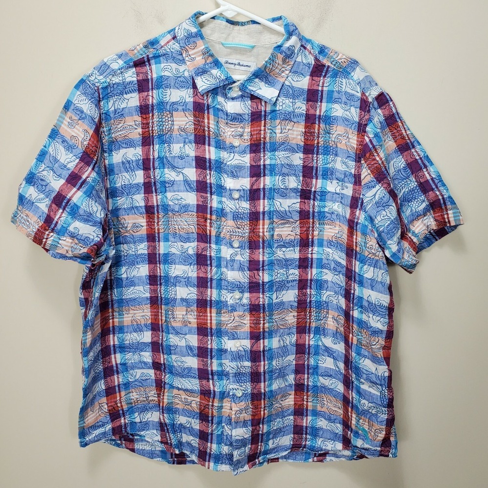 tommy‎ bahama button up shirt plaid blue red pineapple print sz xl Linen